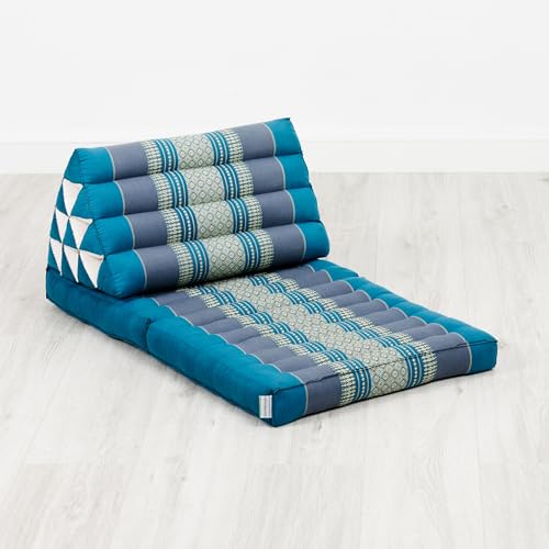 livasia Thai cushion with 2 seat rests - 47x20x3.1″ - Triangle cushion with seat cushion, Wedge cushion, kapok, Back support cushion, folding, Thai mat, folding, Hand made (Light Blue)