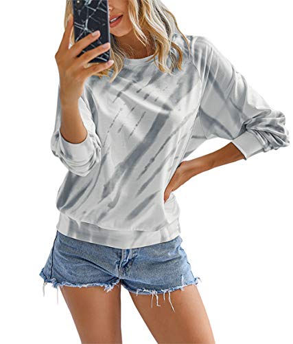 KIRUNDO 2020 Women’s Solid Sporty Sweatshirt Crew Neck Long Sleeves Pullover Ribbed Cuffs Hems Sweaters Outwear (Medium, Tie Dye Gray)