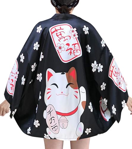Image of LAI MENG FIVE CATS Women's Lucky Cat Cardigan Kimono Loose Cover up Casual Blouse Cute Tops