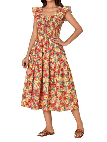 Image of Rooscier Women's A Line Smocked Midi Dress | Summer Sleeveless Square Neck Casual Sundress