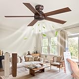 48 Inch Low Profile Ceiling Fan without Lights, Brown Farmhouse Ceiling Fan no Light, 6-Speeds, Quiet Reversible DC Motor, Indoor/Outdoor Ceiling Fans with Remote for Patio, Living Room, Bedroom