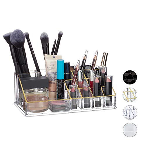 Relaxdays Cosmetic Organiser, Makeup Kit for Lipstick Nail Polish, Acrylic Jewellery Stand, Golden, Pack of 1