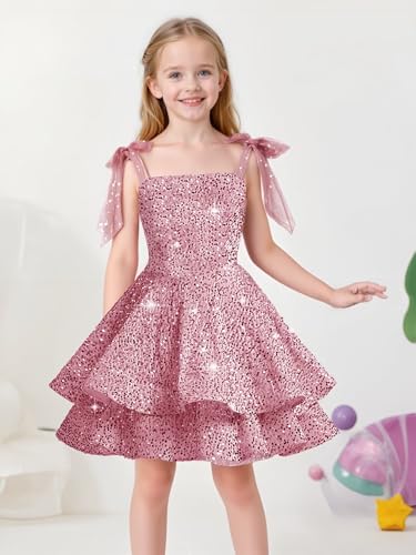 Sequined Girl Dress Tiered Sparkling Bow Strap Short Birthday Wedding Pageant Formal Mini Dress3