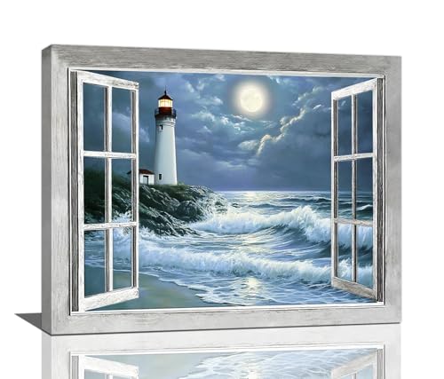 Lighthouse Nautical Wall Art Coastal Beach Pictures Wall Decor Ocean Canvas Prints Window Decorations Painting Framed Artwork Office Home Decor For Bathroom Bedroom Dining Living Room 20"x16"