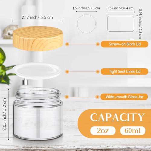 Layhit 24 pcs 2oz Glass Jars with Lids Clear Small Jars with Plastic Woodgrain Lids, White Labels and Inner Liners Empty Round Cosmetic Containers for Creams Lotions Candle Making