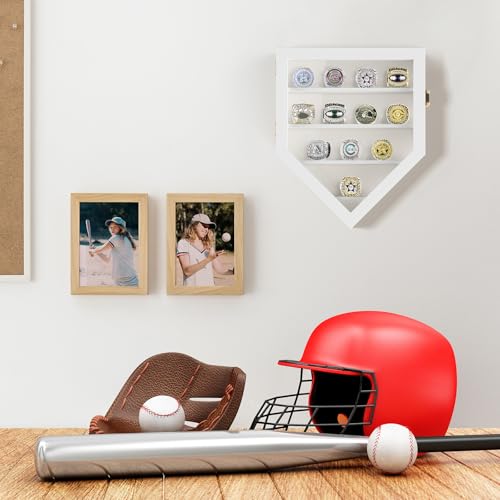Image of TJ.MOREE 12 Rings Championship Ring Display Case Wall Mount Wooden | Shadow Box with Locks to Show Sport, Class, Fraternity, and Award Rings, White