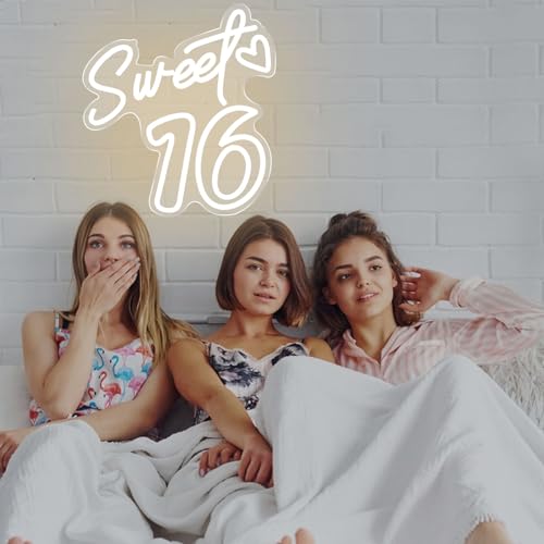 Image of Sweet 16 Neon Sign for Wall Decor Personalized Sixteen Birthday Light Sweet 16 LED Light Sign Sweet Girl Bedroom Happy Birthday Party Wall Decor Party Gift Warm White