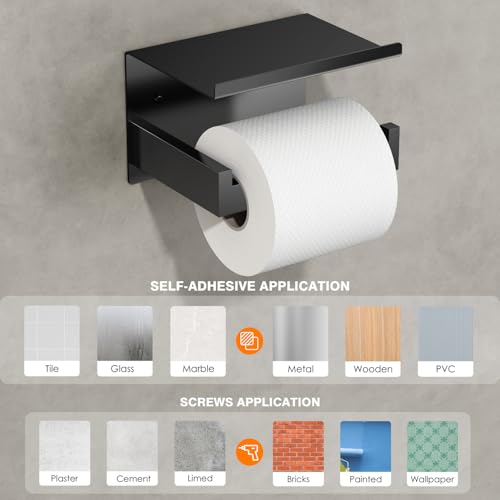 Auxmir Toilet Paper Holder with Shelf, SUS304 Stainless Steel Toilet Paper Roll Holder, Self-Adhesive or Screw-in Wall Mounted Toilet Tissue Holder for Bathroom Kitchen Washroom RV, Matte Black by Auxmir - Image 7