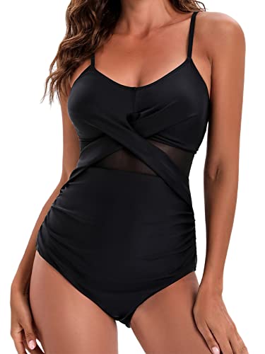 American Trends Ribbed One Piece Swimsuits For Women Mesh Cutout Bathing Suit Tummy Control Swimwear A Classic Black 14-16 #TOP24