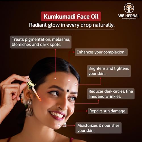 Image of WeHerbal Kumkumadi Face Oil 10ml, Ayurvedic Brightening & Anti-Ageing Serum with Saffron, Turmeric & Sandalwood, Repairs Pigmentation & Fine Lines, No Added Colour or Fragrance