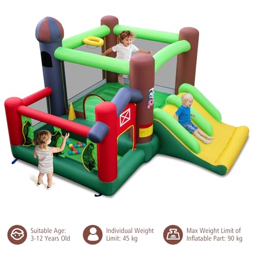 Maxmass Inflatable Bounce House, Kids Bouncy Castle with Slides, Ball Pit, Basketball Hoop, Pitching Game, Jumping Bouncer Playhouse for Indoor Outdoor Backyard (Farm Theme with Blower) - Image 6