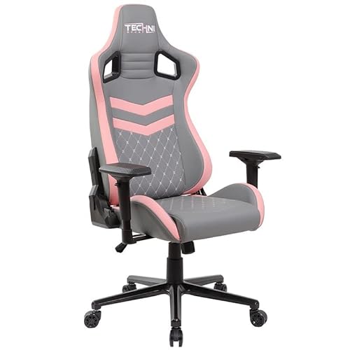 Techni Sport High Back Racing Chair With Foam Seat And Padded Arms, Reclining Gaming Chair With Height And Tilt Adjustment, Grey And Pink #TOP5