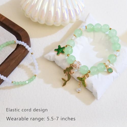 Image of LZ Emotion 2 Pcs Mermaid Bracelet Set Beaded Mermaid Charm Bracelets Starfish Summer Jewelry Mermaid Gifts Birthday Party Decoration