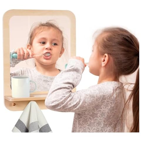 Oranwell Wooden and Acrylic Wall Mirror for Kids with Hooks and Shelf, Baby Safety Shatterproof Entryway Acrylic Wall Mirror, Unbreakable Wood Frame Toddler Mirror for Home Playroom Classroom Bathroom Cover