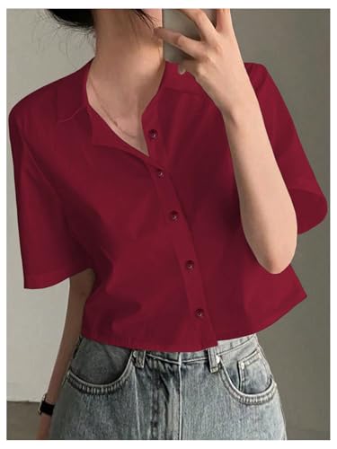 SweatyRocks Women's Casual Button Down Shirt Short Sleeve Stand Collar Tops Trendy Work Blouses4