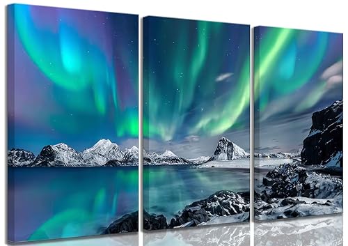 Image of HLEOXPY 3 Pieces Framed Modern Northern Lights Canvas Wall Art Blue and Green Aurora Scenery Painting Pictures Wall Decor Poster Print Artwork for Living Room Bedroom Bathroom Office Home Decoration