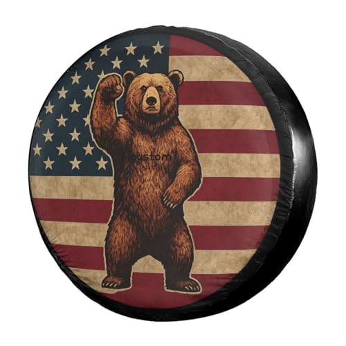 Image of Brown Bear American Flag Spare Tire Cover Dust-Proof Wheel Tire Cover Fit Trailer, RV, SUV and Many Vehicle 17 Inch