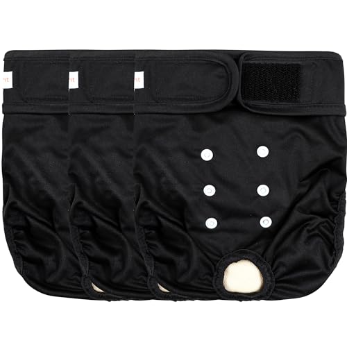 Langsprit Washable Female Dog Diapers (3 Pack) - No Leak Reusable Diapers for Doggy Female in Period - Highly Absorbent Dog Heat Panties with Adjustable Snaps Black (Medium)