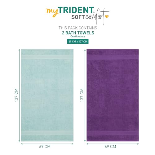 Image of MYTRIDENT Soft Comfort Air Rich 100% Cotton Towels for Bath, 500 GSM Large Size Bathroom Towels for Men /Women, 2PC Bath (69 cm x 137 cm), Nile Blue and Plum
