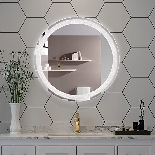 MOELAKY Crystal Inlay Round LED Mirror Bathroom Vanity Mirror 24 Inch Smart 3-Color Dimmable Anti-Fog Touch Button LED Bathroom Mirror with Lights
