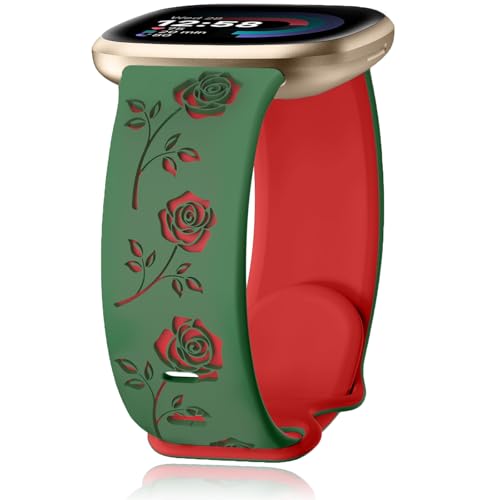 Yeahxing Silicone Bands for Fitbit Versa4 – Two-Tone Rose Floral Engraved Wristbands Compatible with Fitbit Sense 2 /Sense 1 /Versa 4 /Versa 3 Sport Strap for Women, Waterproof, Breathable, Soft
