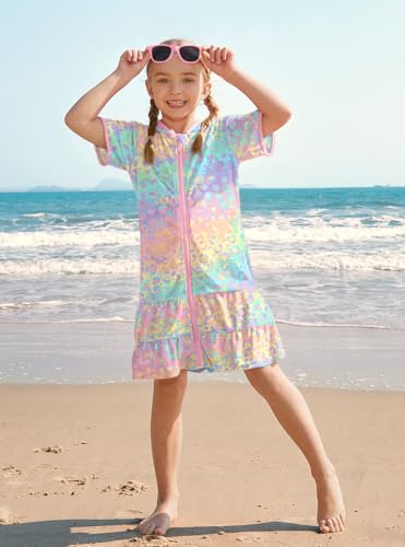 Image of BesserBay Girls Summer Beach Quick Dry Cover Up Ruffle Hem Terry Smocked Hooded 4-14 Years with Pockets