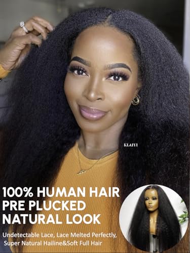 Image of KLAIYI 4C Kinky Yaki Straight Lace Front Wigs Human Hair HD Transparent Lace Closure Wigs for Black Women 12A Brazilian Virgin Hair Pre Plucked with Baby Hair 180% Density Full Natural Hairline 24Inch