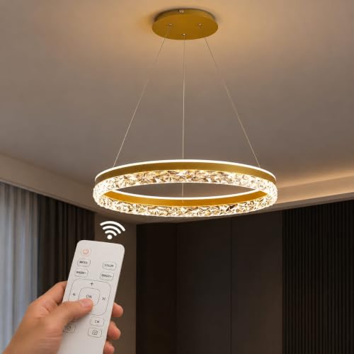 Image of Modern LED Chandelier, 19.68 inch 1 Ring Pendant Lighting with Acrylic Lampshade, Dimmable Remote Control, Adjustable Circular Ceiling Light for Dining Living Room (Color : Gold)