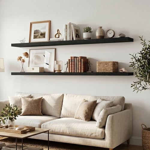 Image of Fun Memories 12 Deep Floating Shelves for Wall, 55W x 12D Extra Large Floating Shelves Set of 2, Hanging Wood Wall Shelves for Living Room, Kitchen, Bedroom, Farmhouse, Laundry Room, Office - Black