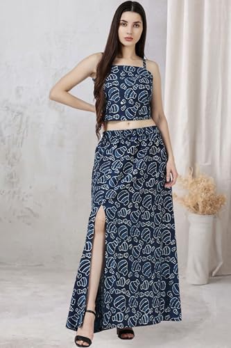 Image of POPWINGS Casual Bagru Printed Cotton Top and Skirt Set for Women || Pom Pom Top and Long Slit Skirt Set for Women || Two Piece Women Set for Summer