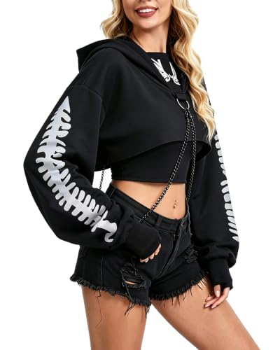 AULKEEP Goth Hoodie Women Halloween Skeleton Crop Top Chain