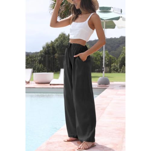 Image of Duyang Womens Cotton Linen Palazzo Pants Drawstring Elastic Waist Casual Wide Leg Trousers with Pockets