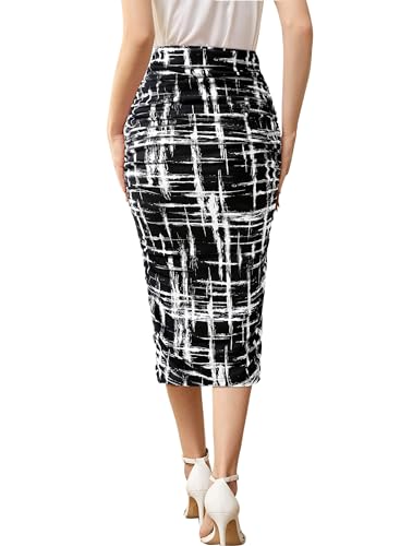 VFSHOW Womens Black and White Geometric Print Ruched Ruffle High Waist Casual Wok Office Party Pencil Midi Mid-Calf Skirt 3272 BLK L - Thumbnail 3
