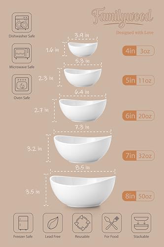 Porcelain Serving Bowls set for Entertaining, 3-11-20-32-50 Ounce, Scratch Resistant, 5 Piece Serving Bowl Set, Prep Salad Bowls for Christmas Thanksgiving, Dishwasher Safe, Pure White - Image 3