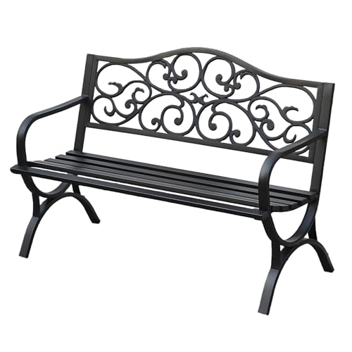 SXKLYRF Bancos Jardin Exterior de Hierro Forjado, Sofa Exterior Jardin para Patio o Parque con Respaldo Estampado Floral, Patas Arqueadas para Porche, Césped o Terraza, Negro