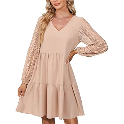 Vestido túnica con encaje acampanado, beige Cover
