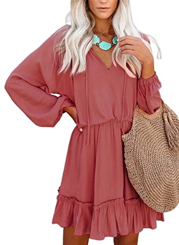 Dokotoo Womens Ladies Summer Fall Sexy V Neck Ruffle Elegant Long Sleeve Empire Waist Cute Chiffon Boho Beach Tunic Swing A Line Mini Short Dresses for Women 2021 Casual Summer Pink X-Large