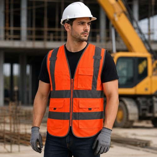 Image of VRITRAZ Unisex High Visibility Reflective Safety Vest | Multi-Pocket Safety Workwear Jacket for Construction Workers, Engineers, Security Guards, Factory & Road Safety Use