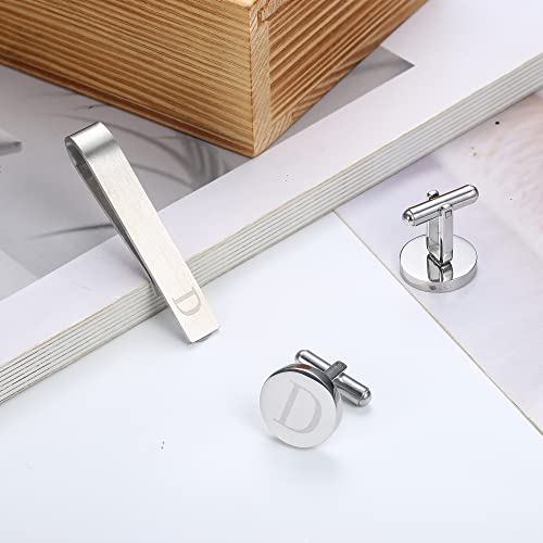 Image of LOYALLOOK Initial Cufflinks and Tie Clip Set for Men Silver Personalized Cuff links and Tie Bar Letter Alphabet A-Z Gift for Father Husband Valentine Gifts for Men