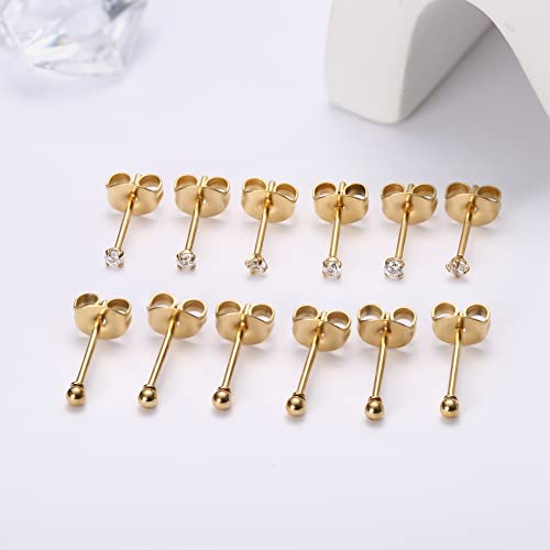 Besteel 6 Pairs Titanium Stud Earrings For Sensitive Ears 2Mm Tiny Ball Earrings Gold Plated Cubic Zirconia Hypoallergenic Implant Grade Pure Titanium Earrings Studs For Women Girls #TOP4