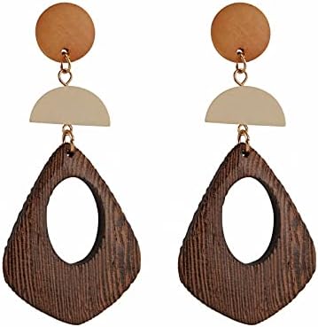STWTR Women's Natural Wood Earrings Variety of Fashion Earrings Stainless Steel Earrings Minimalist Retro Earring Set Wooden Natural Hollow Earrings Curved
