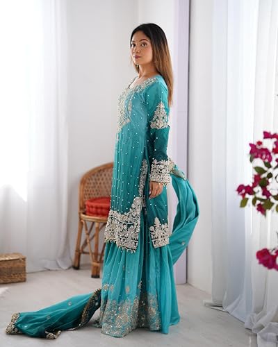 Image of Pandadi Saree Women's Chinon Silk Embroidery Kurta Sharara Set With Dupatta.