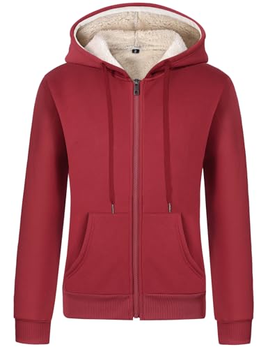 Gihuo Women's Sherpa Lined Hooded Sweatshirt Zip Up Winter Warm Hoodie Comfy Hooded Fleece Jacket (US, Alpha, X-Large, Regular, Regular, Winered)