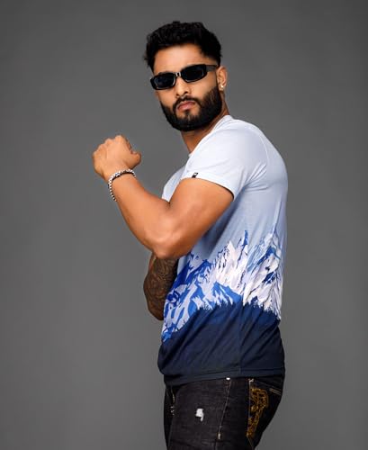Image of WANDERLOOMS Men Tshirt Front & Back Graphic Printed Full Print Tshirt for Men Round Neck Half Sleeve T-Shirt Blue