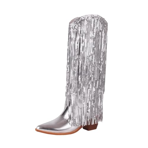 Bottes mi-mollet à paillettes femme talon épais pointu tendance