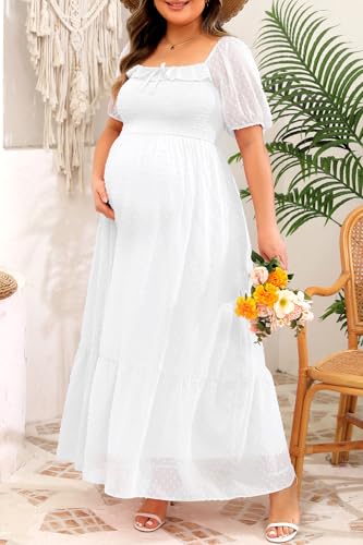 Image of Plus Size Summer Dresses - Swiss Dot Smocked Square Neck Puff Sleeve Boho Maternity Maxi Dress for Baby Shower Wedding Guest