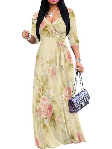 Image of Plus Size Maxi Dress for Women V Neck Flowy Dresses with Pockets for Wedding Guest Church