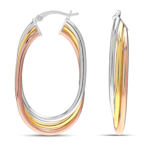 Image of TRUESILVER ACPL 925 Sterling Silver Hoop Earrings for Women | BIS Hallmarked Two-Tone & Three-Tone Intertwined Hoop Earrings | Oval & Round Lightweight Jewelry