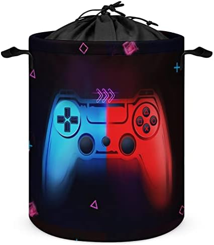 Gaming Laundry Basket With Drawstring, Red & Blue Fluorescent Gamepad Glow Luminous Game Collapsible Storage Basket Boys Kids Room Laundry Nursery Hamper Bedroom