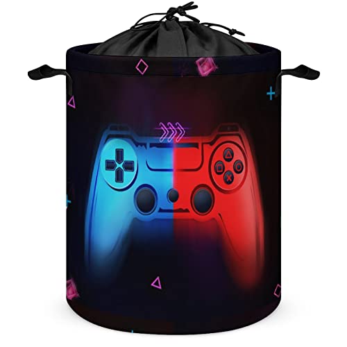 Gaming Laundry Basket With Drawstring, Red & Blue Fluorescent Gamepad Glow Luminous Game Collapsible Storage Basket Boys Kids Room Laundry Nursery Hamper Bedroom #TOP3